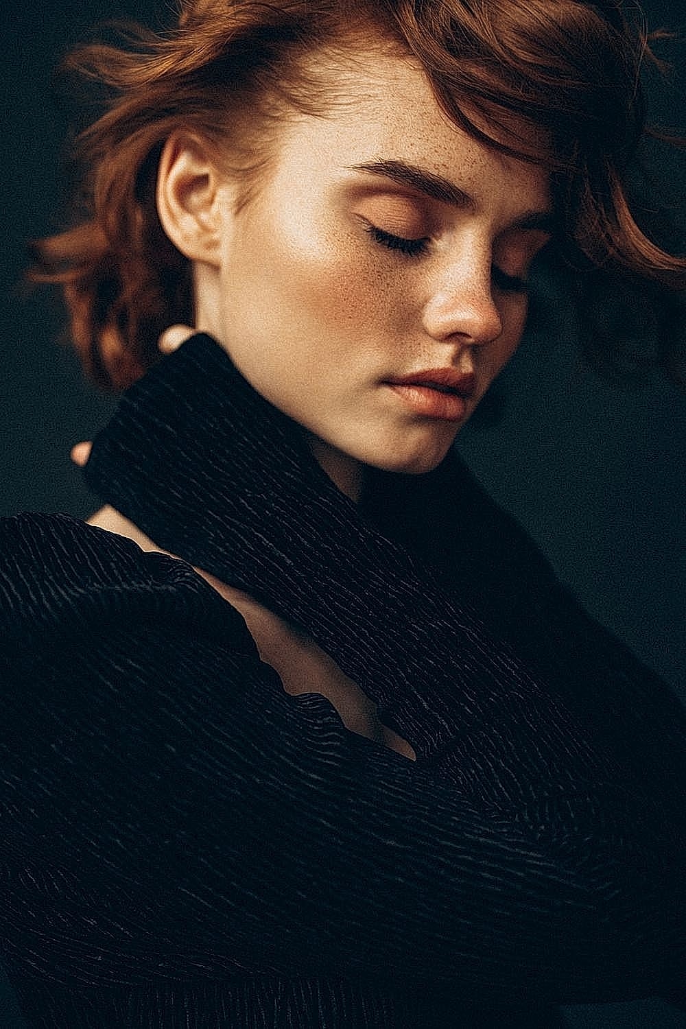 Girl with curly hair, eyes closed, thoughtful pose.